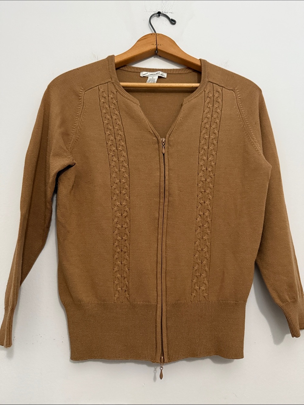 Lillie Rubin Brown Zip-Front Cable Knit Silk Blend Cardigan Minimalist Classic